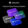 Three stacked Solana-style cards branded with "SOLANA," "TOM," and "Injective" logos sit beneath the heading "Injective Trench Treasury Update," visually promoting the Injective project's treasury initiative. The post's call to "open the floodgates to @injective" aligns with the image's theme of expanding Injective's treasury and ecosystem presence.