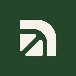 A logo featuring a stylized white geometric design on a dark green background.