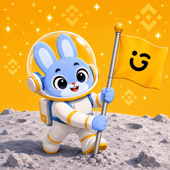 A cartoon blue bunny in an astronaut suit holding a yellow flag with a smiley face, standing on a lunar surface decorated with Binance logo patterns.