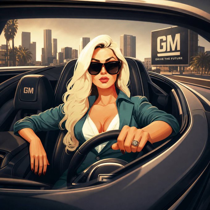An illustration of a stylish blonde woman wearing sunglasses and a teal jacket, driving a convertible car with 'GM' and 'DRIVE THE FUTURE' visible in the background.