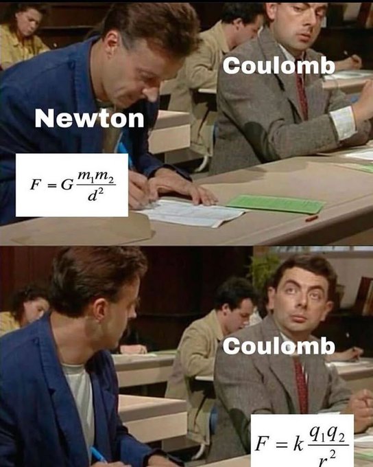 The image shows a comparison between two men sitting at desks with papers in front of them. One man has a blue jacket on while the other wears a brown suit. The desk they are using appears to be a classroom setting, as there are books visible on the table. The text in the image reads "Newton F = G m2 d", which is related to the famous equation by Newton. This suggests that the comparison might be about how these two men are approaching or solving problems involving this equation.