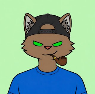 A digital cartoon illustration of a brown anthropomorphic cat wearing a backwards black cap and a blue shirt, smoking a pipe with glowing green eyes.