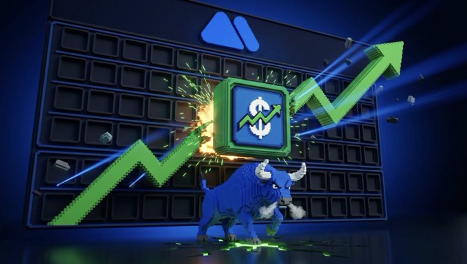 A 3D-rendered scene features a blue pixelated bull charging beneath a glowing green "$STONKEX" coin, with a rising green stock chart arrow bursting from it against a dark blue grid background, visually reinforcing the post's announcement of the memecoin's spot and futures trading launch on MEXC.