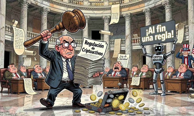 A political cartoon depicting a man with a gavel standing over documents labeled 'Regulación de Criptoactivos' in a legislative chamber, while a robot holds a sign reading '¡Al fin una regla!' and 'CRYPTO INDUSTRY', with scattered Bitcoin coins on the floor.