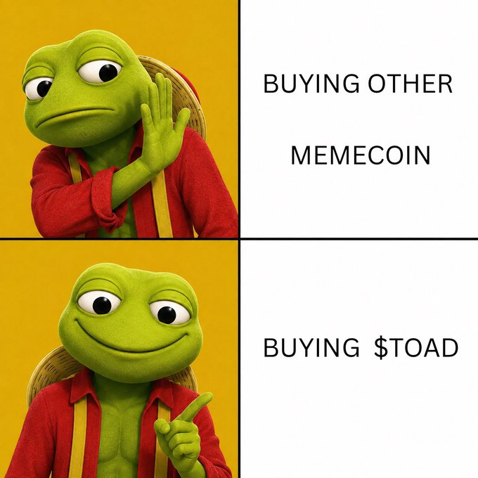 A two-panel meme using a green Pepe-like frog character, contrasting a dismissive gesture labeled 'BUYING OTHER MEMECOIN' with a happy pointing gesture labeled 'BUYING $TOAD'.
