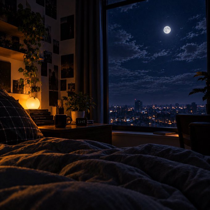 A dimly lit bedroom at night featuring a bed with rumpled blankets in the foreground, a glowing salt lamp, trailing potted plants, and a large window offering a view of a city skyline and a full moon.