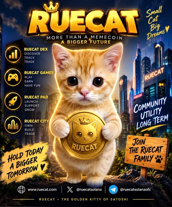 This image is a promotional poster for **RUECAT**, a meme coin, featuring an adorable orange kitten holding a gold "RUECAT" coin against a city skyline, with tagline "Small Cat Big Dreams" and listing features like Ruecat DEX, Games, Launch Pad, and City. The bottom reads "RUECAT – THE GOLDEN KITTY OF SATOSHI," making it a fitting "GM Gecko" greeting—bright, playful, and crypto-themed to match the early-morning cheerful energy of "GM" in crypto communities.