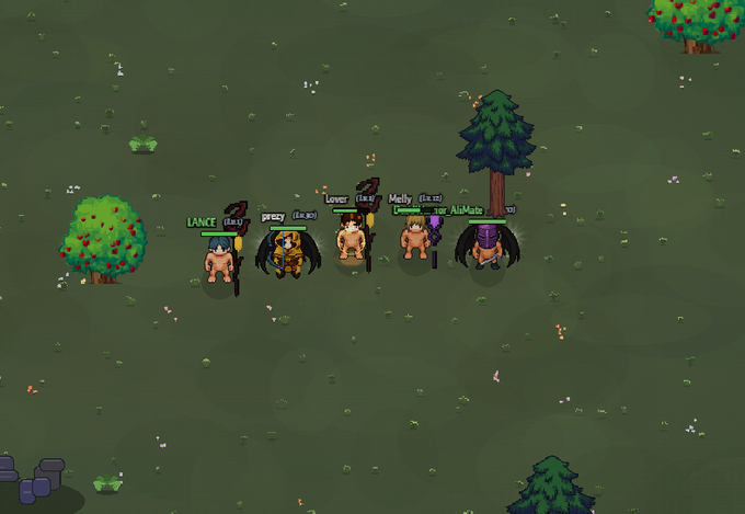The image features a group of five people standing together, with one person holding a sword and another holding a shield. The scene takes place in an open field surrounded by trees and bushes. A tree can be seen near the center of the image, while other trees are scattered around the background.