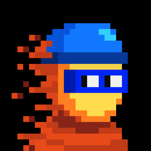 A pixel art character with a blue hat and blue sunglasses, with a disintegrating red and orange pixel effect on the left side.