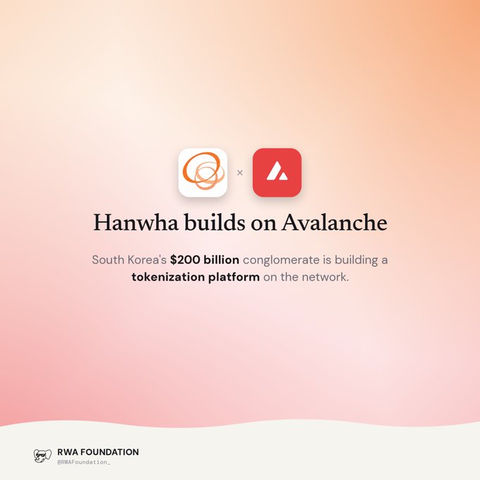 A graphic titled 'Hanwha builds on Avalanche' stating 'South Korea's $200 billion conglomerate is building a tokenization platform on the network,' featuring the Hanwha and Avalanche logos with a 'RWA FOUNDATION' handle at the bottom.
