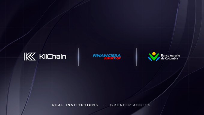 A corporate graphic displaying logos for KiiChain, Financiera Juriscoop, and Banco Agrario de Colombia with the tagline 'REAL INSTITUTIONS . GREATER ACCESS'.