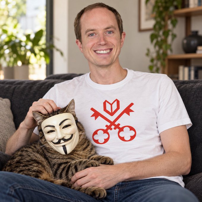 A smiling man in a white t-shirt with a red logo sits on a couch holding a tabby cat that wears a Guy Fawkes mask.
