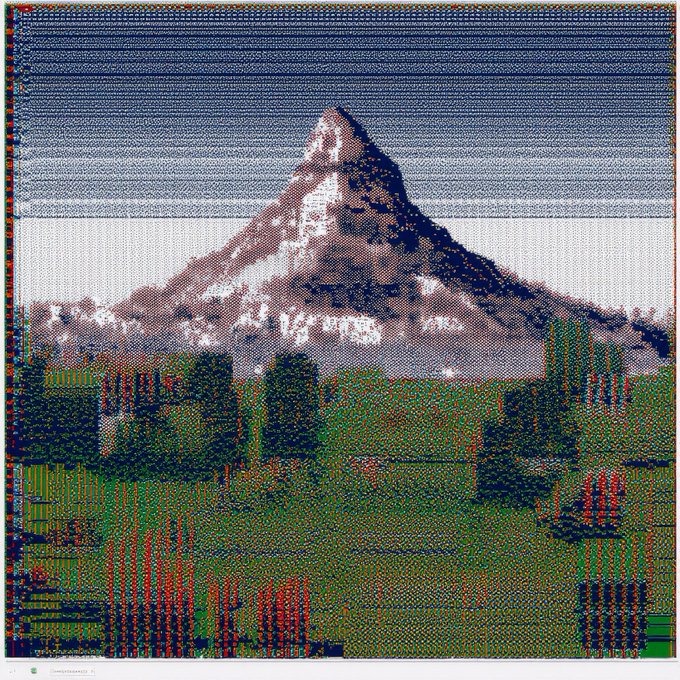 A pixelated, glitch-art style rendering of the iconic Matterhorn mountain, created as an Excel spreadsheet mesh painting and minted by Kevin Abosch, with the artwork rendered in a colorful, dotted pattern against a dark sky.