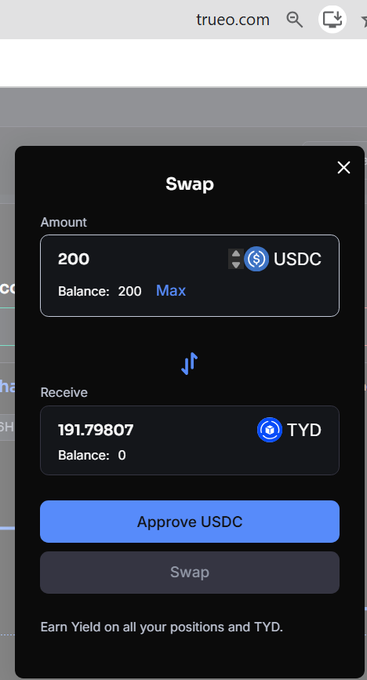 A screenshot of a 'Swap' interface from trueo.com showing an exchange of 200 USDC for 191.79807 TYD tokens, with 'Approve USDC' and 'Swap' buttons visible.