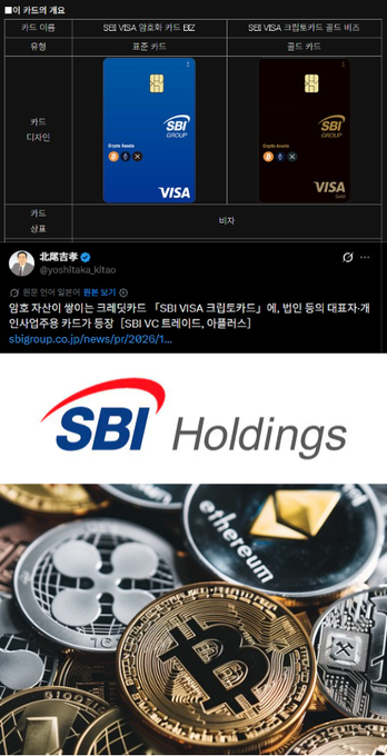 The image is a Korean social media post announcing SBI Holdings' launch of the "SBI VISA Crypto Card" in Japan, available to executives and sole proprietors, where payment points automatically convert to cryptocurrency. The post features a table comparing the two card designs (blue and gold), the SBI Holdings logo, and a photo of physical cryptocurrency coins including Bitcoin, Ethereum, and Ripple, visually reinforcing the card's crypto-conversion rewards feature.