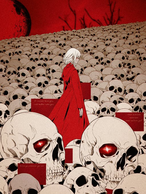 An illustrated scene depicts a white-haired figure in a flowing red cloak walking through a vast field of skulls under a red sky, with two foreground skulls showing glowing red eyes.