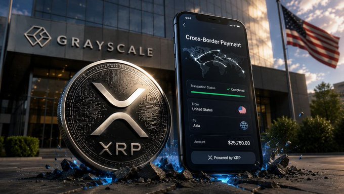 A promotional image showing a large XRP coin and a smartphone displaying a 'Cross-Border Payment' from United States to Asia for $25,750 powered by XRP, set against a building labeled 'GRAYSCALE' with an American flag.