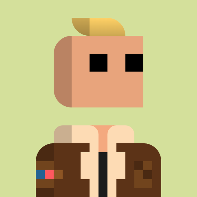 A minimalist, flat-style vector illustration of a character with a yellow hair tuft, a brown jacket, and blocky black sunglasses against a light green background.