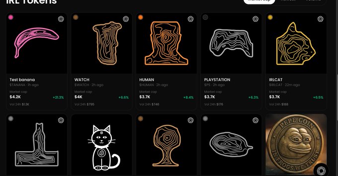 The image displays a marketplace of trending tokenized memecoin assets featuring IRL (real-world object) icons, including "Test banana," "WATCH," "HUMAN," "PLAYSTATION," "IRLICAT," and a Pepe Coin medallion, each with price tickers and market caps like $4.2K, $4K, $3.7K, and $3.7K. The post's claim that this "$300k thing" is the "best creation today combining RH and SOL" likely refers to one of these trending tokens showcased in the grid.