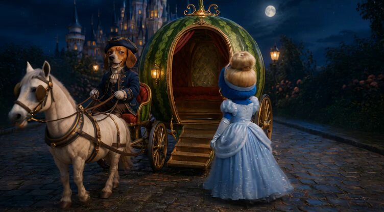 The image features a scene from a movie or TV show, where a princess is standing next to a horse-drawn carriage with a man dressed as a dog riding behind her. The background of the image shows a castle at night, adding an element of fantasy and adventure to the scene. The caption below the image reads "$MONSTER could be your very own fairytale on @SimpleDEXFun Vid by @Fearnot_10". This suggests that the image is related to a movie or TV show where the character Monster is portrayed as a princess, and the post is promoting an event or film featuring this character.