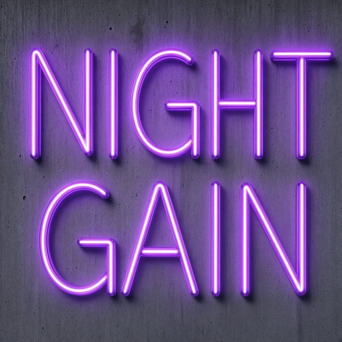 A bright purple neon sign on a concrete wall that reads 'NIGHT GAIN' in glowing letters.