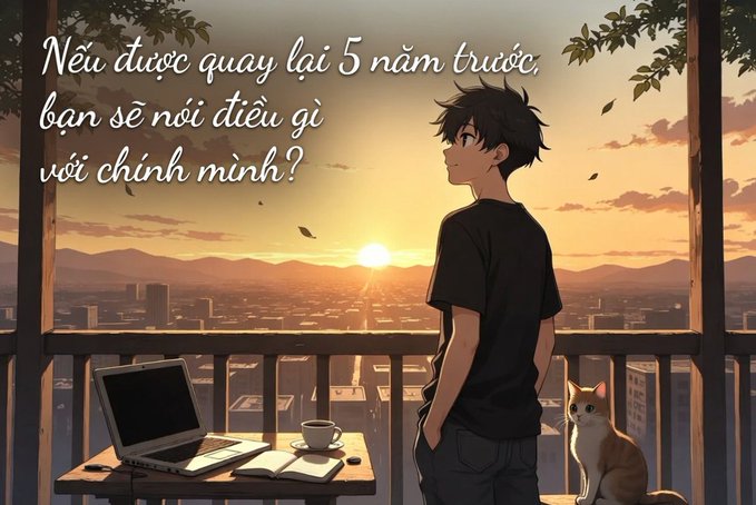 Anime-style illustration of a boy gazing at a sunset over a cityscape with Vietnamese text reading 'Nếu được quay lại 5 năm trước, bạn sẽ nói điều gì với chính mình?' (If you could go back 5 years, what would you say to yourself?).