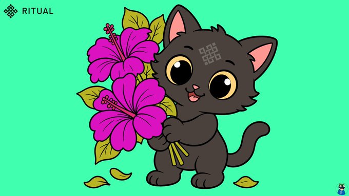 A cute cartoon illustration of a black kitten with large eyes and a rune marking on its forehead, holding pink hibiscus flowers, branded with the 'RITUAL' logo in the corner.