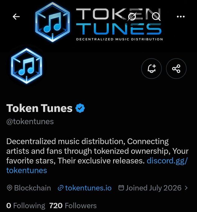A Twitter/X profile for Token Tunes (@tokentunes), a decentralized music distribution platform with 720 followers, joined July 2026.