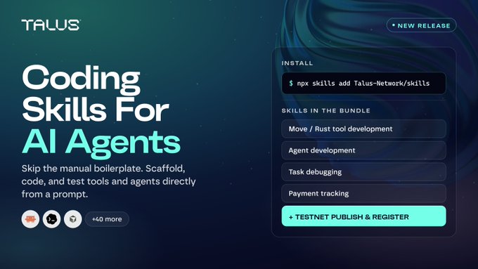 A Talus promotional graphic advertises 'Coding Skills For AI Agents' that allows scaffolding, coding, and testing agents directly from a prompt, including features like Move/Rust tool development, agent development, task debugging, and payment tracking.