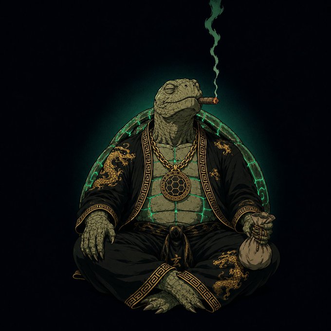 A stylized illustration depicts a turtle sitting cross-legged in a meditative pose, wearing a black robe with gold dragon designs and a large medallion, while smoking a cigar.