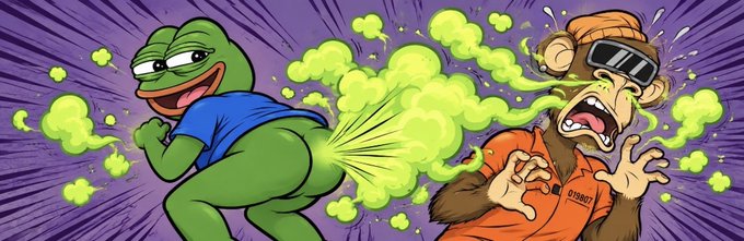 A cartoon illustration of a Pepe-style frog in a blue shirt farting green gas at a shocked monkey wearing an orange jumpsuit labeled 'PRISON' and sunglasses.
