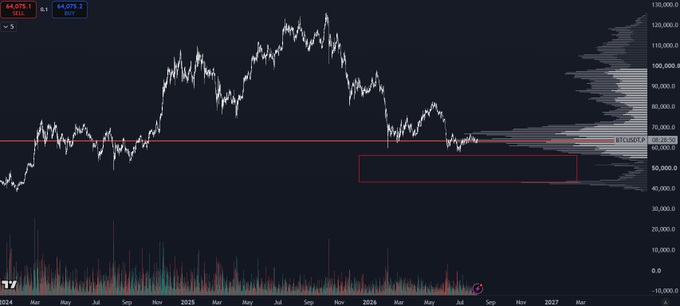 A Bitcoin price chart (BTCUSD) shows the cryptocurrency trading around $64,075, with a red rectangle highlighting a potential support zone between approximately $50,000–$60,000 on the right side of the chart, suggesting the trader's speculation of a "violent break" and possible downside raid into that highlighted box to spark increased volatility.
