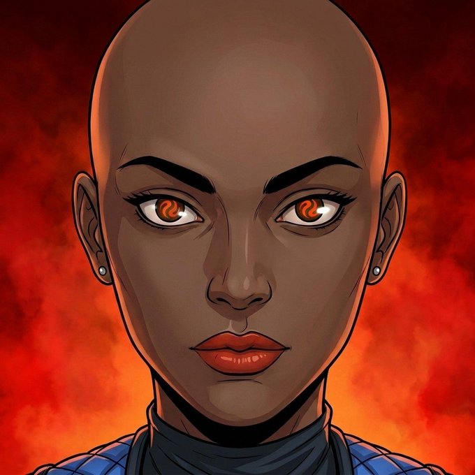 A comic book-style digital illustration presents a close-up portrait of a bald woman with brown skin, glowing orange eyes, and bright orange lips set against a fiery red background.