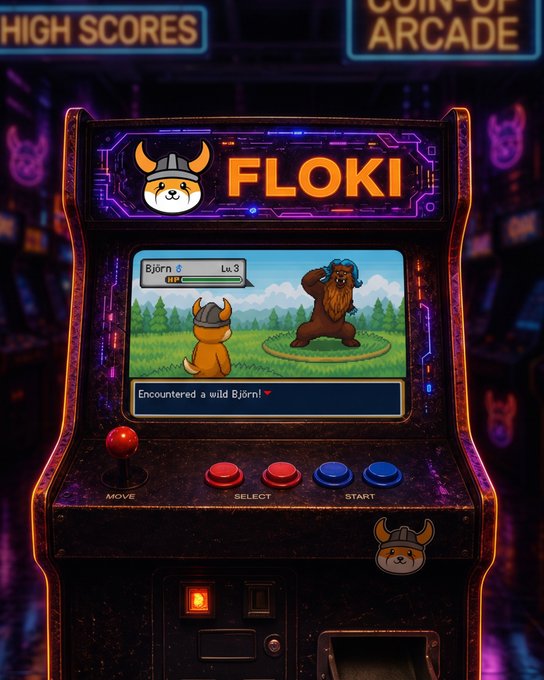 A retro arcade cabinet displays "FLOKI" at the top alongside a Shiba Inu mascot wearing a Viking helmet, with a Pokémon-style battle scene showing the Floki character facing a wild "Björn" at Level 3. The vintage machine, set in a neon-lit arcade with "HIGH SCORES" and "COIN-UP ARCADE" signs overhead, gives off a nostalgic 1988 vibe that complements the retro gaming aesthetic.