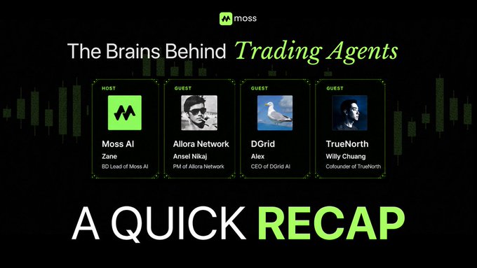 Promotional graphic for 'The Brains Behind Trading Agents' podcast by Moss, featuring host Zane from Moss AI and guests Ansel Nikaj (Allora Network), Alex (DGriD AI), and Willy Chuang (TrueNorth), labeled 'A QUICK RECAP'.