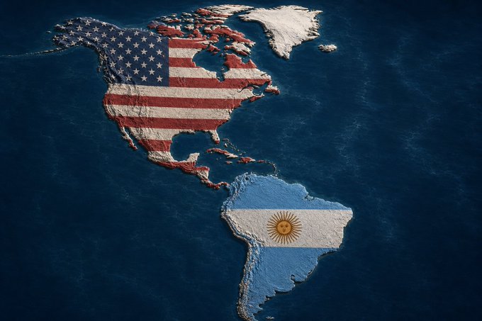 A textured map of North and South America displays the American flag overlaid on the United States and the Argentine flag (light blue, white with sun emblem) on Argentina, set against a dark blue ocean background. The imagery symbolizes a connection or partnership between the two nations, aligning with the post's reference to "Bancan?" suggesting a financial or business link between the US and Argentina.