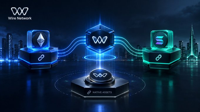 A promotional graphic for Wire Network showing the W logo, Ethereum, Solana, and a 'NATIVE ASSETS' hub against a neon city skyline.