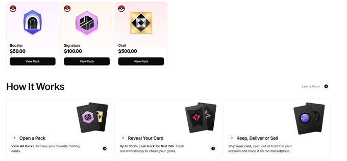 The image displays the homepage of ReadyCards, showcasing Booster ($50.00), Signature ($100.00), and Grail ($500.00) trading card packs alongside a "How It Works" section explaining how to open packs, reveal cards, and keep/deliver/sell them. This aligns with the post's mention of @readycards, highlighting the platform's strong protocol revenue growth following its V2.0 release.