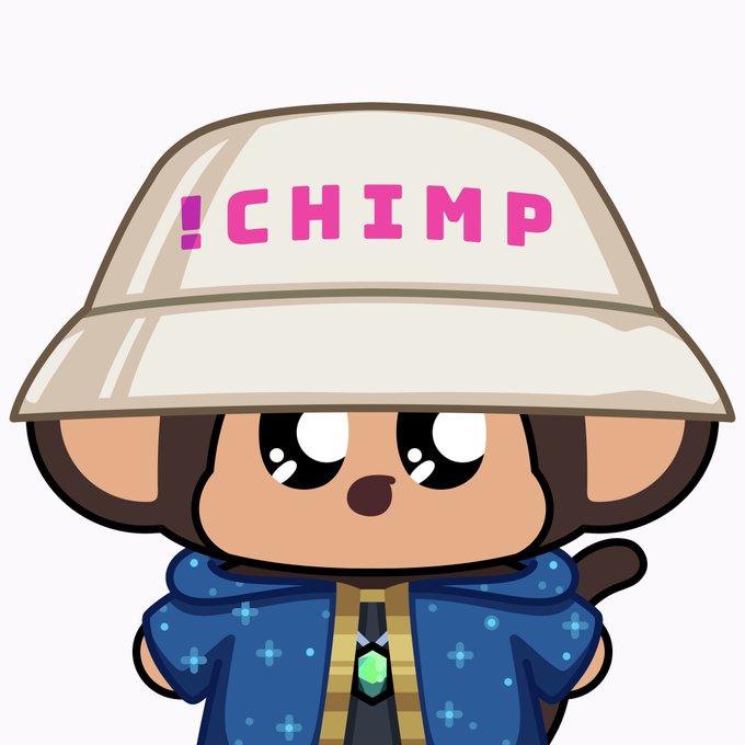 A cartoon monkey character wearing a blue sparkly outfit and a beige hat with the pink text '!CHIMP' on it.