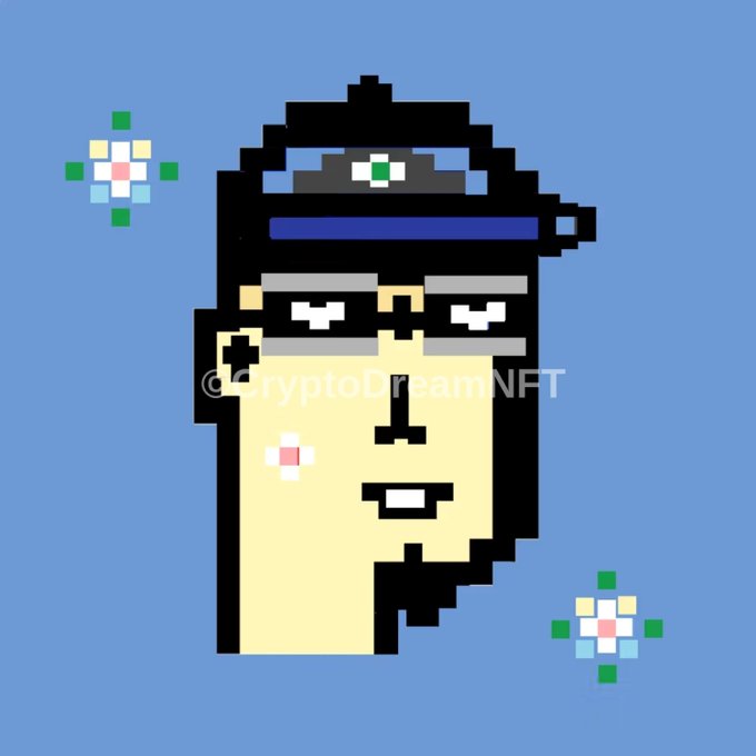 A pixel art portrait of a police officer's face on a blue background with the watermark '@CryptoDreamNFT'.