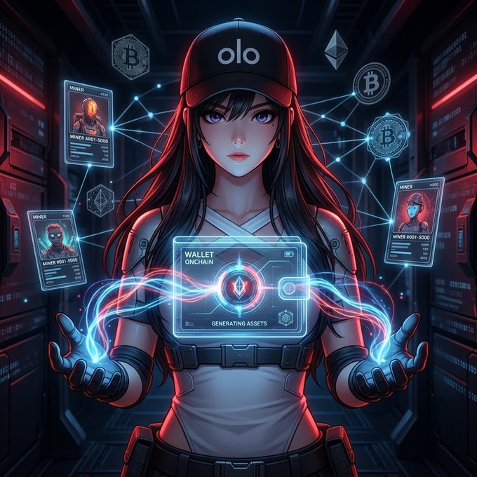 A digital illustration of an anime-style female character wearing a cap labeled 'olo', holding a holographic display that reads 'WALLET ONCHAIN' and 'GENERATING ASSETS' amidst floating Bitcoin and Ethereum logos.