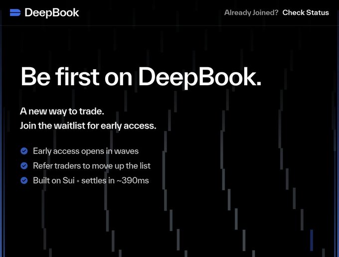 The image is a promotional waitlist signup page for DeepBook, featuring the headline "Be first on DeepBook" with bullet points highlighting wave-based early access, referral rewards, and ~390ms settlement on Sui. It visually reinforces the post's call to action to join the waitlist for early access to the DeepBook trading platform.