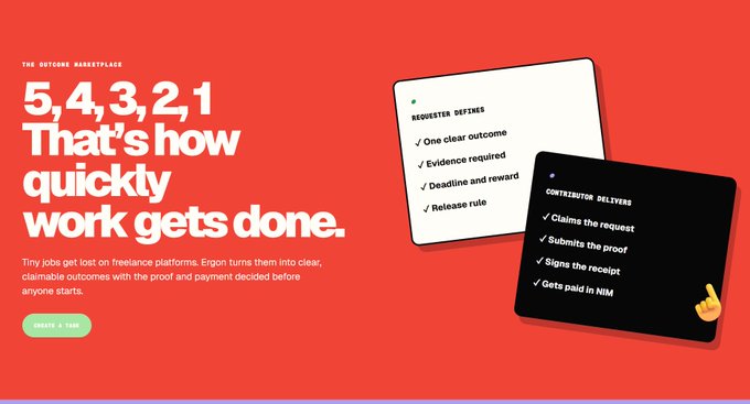 Marketing graphic for 'The Outcome Marketplace' (Ergon) featuring the headline '5,4,3,2,1 That's how quickly work gets done' and checklists showing requester and contributor steps.