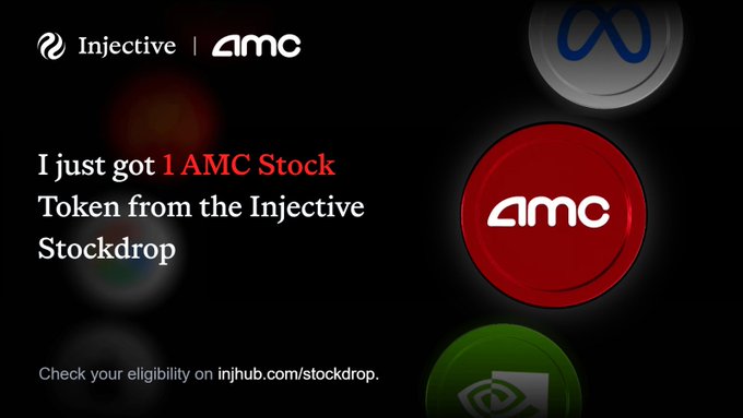 A promotional graphic for an Injective stockdrop showing 'I just got 1 AMC Stock Token from the Injective Stockdrop' with the AMC logo and Meta/Facebook logo, directing users to injhub.com/stockdrop.
