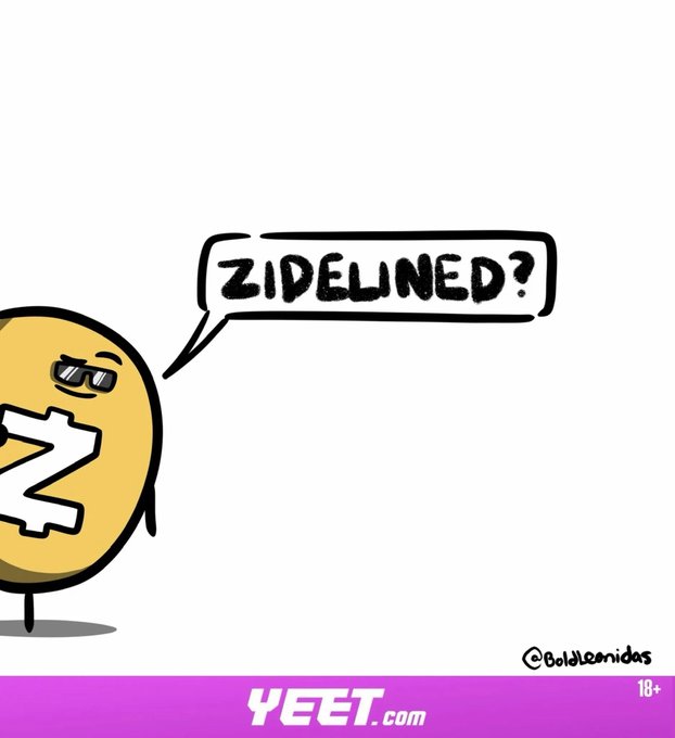 A cartoon Zcash (ZEC) coin wearing sunglasses asks "ZIDELINED?"—a pun on ZEC hitting an 8-year high as referenced in the crypto market post from @yeet.
