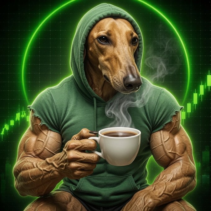 A surreal digital artwork of an anthropomorphic greyhound with a muscular human body, wearing a green hoodie and holding a steaming cup of coffee, set against a green financial candlestick chart background.