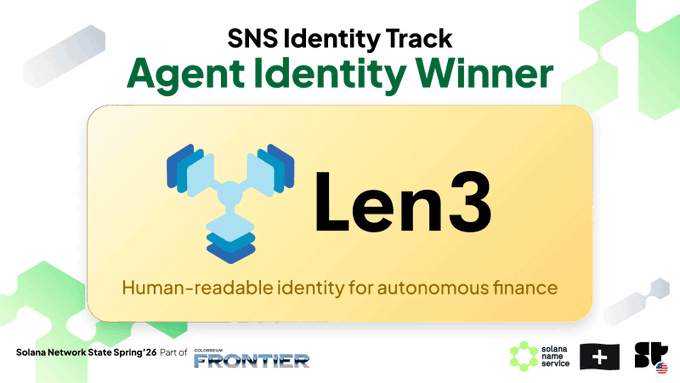 The image features a banner promoting an identity tracking service called Len3, which is designed to help agents identify themselves as human-readable for automated finance transactions. The text on the banner highlights that this service is particularly useful for agents who want to establish trust with their clients and ensure smooth transactions.