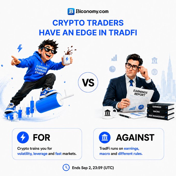 An infographic by Biconomy.com titled "CRYPTO TRADERS HAVE AN EDGE IN TRADFI," showing a "FOR" side featuring a caffeinated trader versus an "AGAINST" side showing a suited businessman with an earnings report, ending Sep 2, 23:59 UTC.