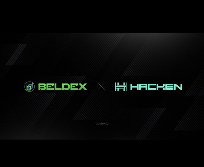 A promotional graphic on a dark background displaying the logos 'BELDEX' and 'HACHEN' separated by an 'X', with 'beldex.io' written below.