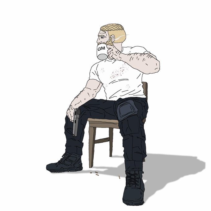 A muscular blonde cartoon character sits on a chair sipping from a mug labeled "GM" while holding a gun, embodying the confident "GM to all the $CHAD holders" meme message of universal crypto brotherhood.
